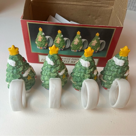 Porcelain Hand Painted CHRISTMAS TREE Napkin Rings by World Bazaars Set Of 4 - Picture 2 of 7